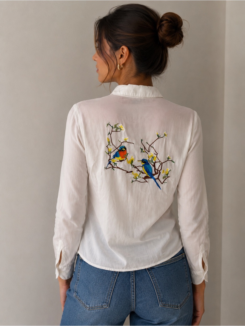 White Embroidered Bird Button Down Shirt Size 4